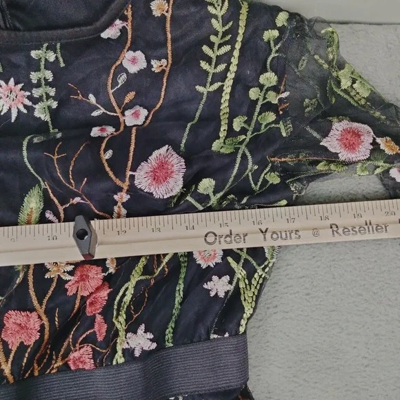 Fairy Grunge Black Mesh Dress S/M Embroidered Flowers Whimsigoth Garden Party - Picture 7 of 10